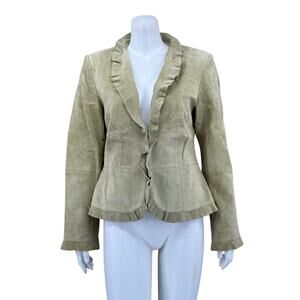 Bushwacker Jacket Womens Small Green Pig Suede Leather Ruffles Lined Old Money